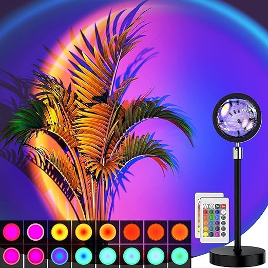 16-Color Sunset Projection Lamp | 360° Rotating, Remote Control &amp; HD Crystal Lens