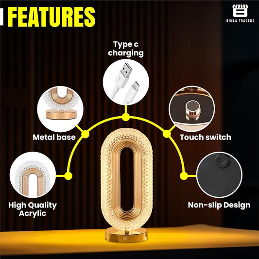 Oval Crystal Touch Lamp | USB Rechargeable Gold Table &amp; Bedside Light